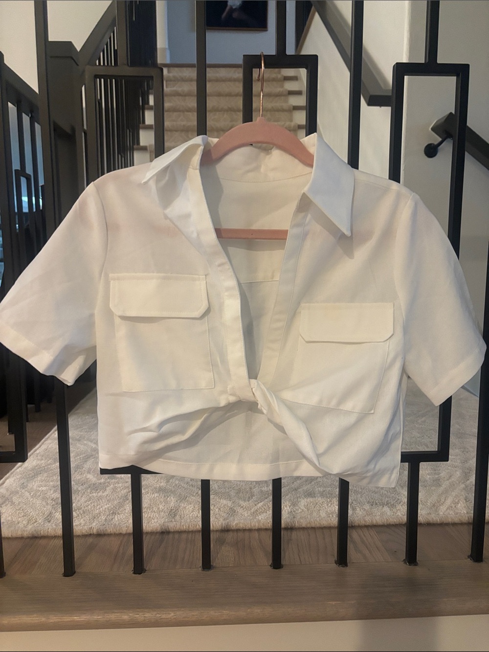 Commense White Short-Sleeve Cropped Tie-Front Blouse